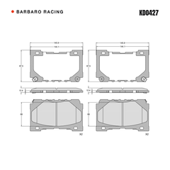 Barbaro Racing KD0427 brake pad shape drawing - 145.9 x 87.5 x 12.4 mm