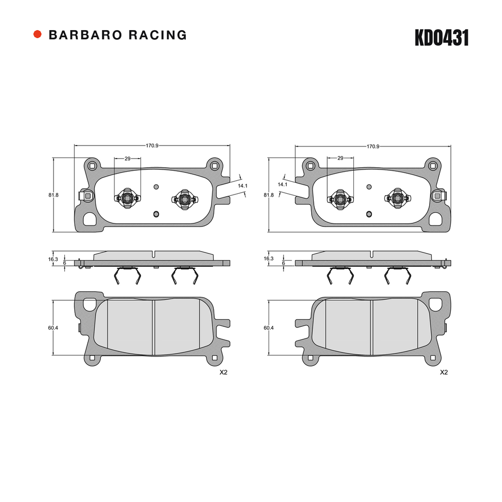 Barbaro Racing KD0431 brake pad shape drawing - 170.9 x 81.8 x 16.3 mm