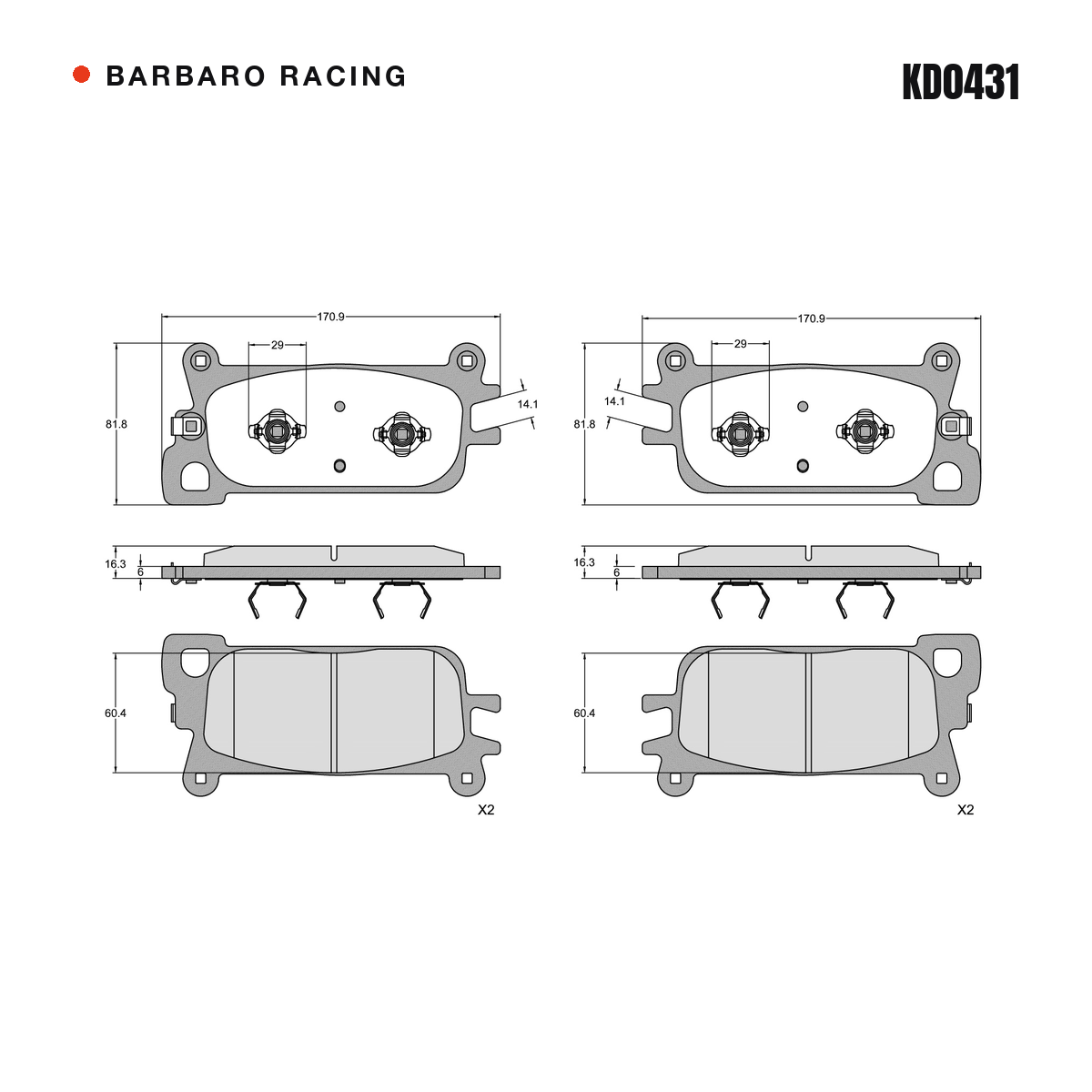 Barbaro Racing KD0431 brake pad shape drawing - 170.9 x 81.8 x 16.3 mm