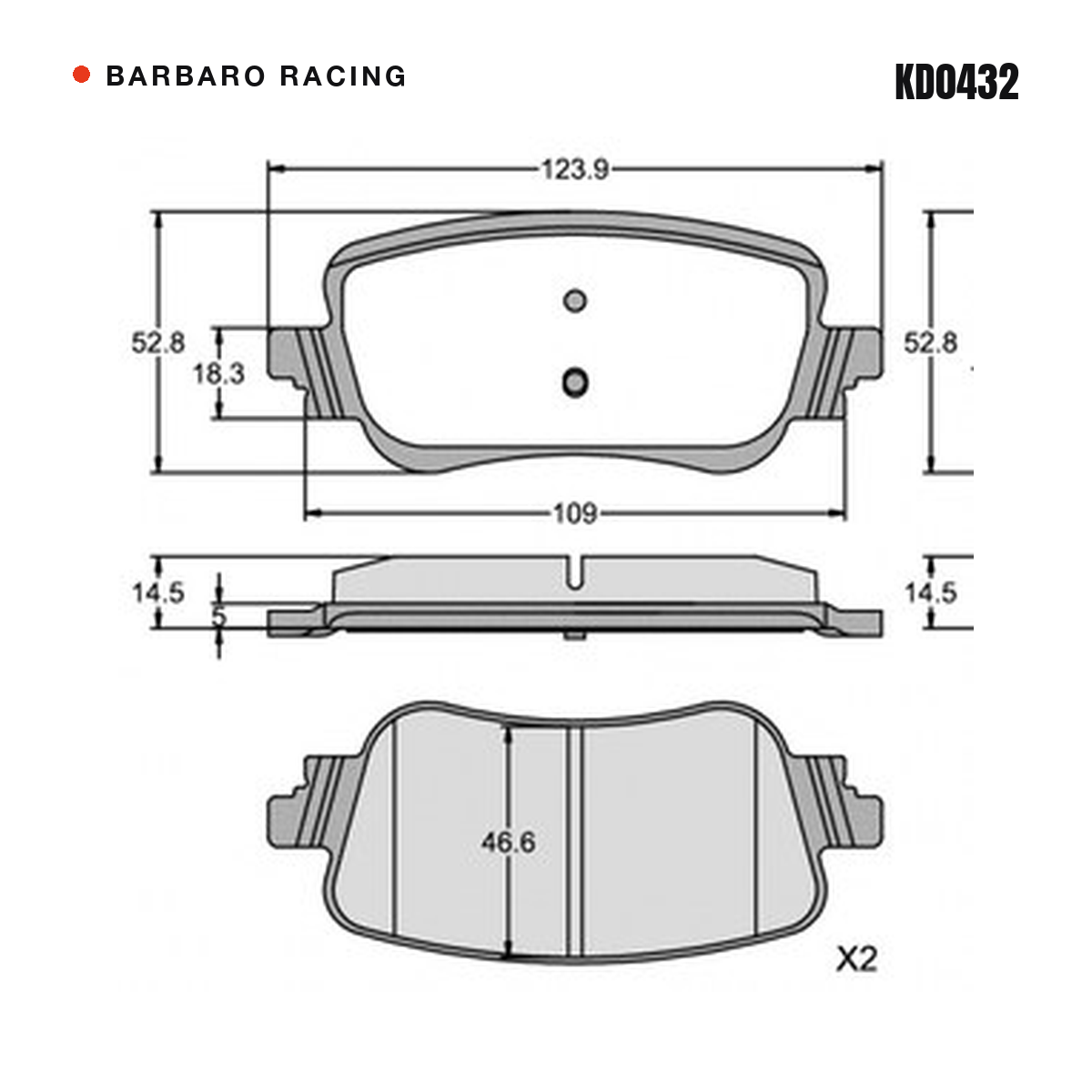 Barbaro Racing KD0432 brake pad shape drawing - 123.9 x 52.8 x 14.5 mm