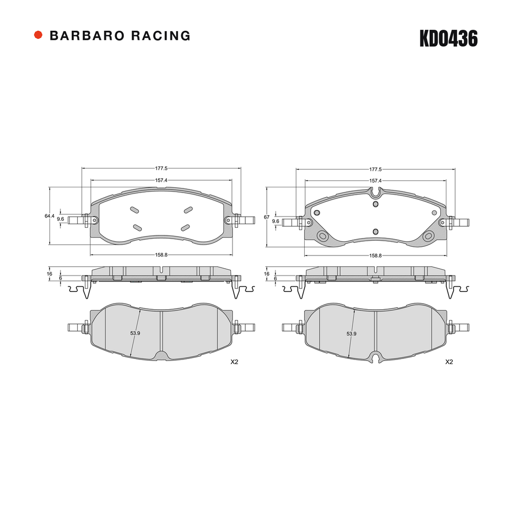 Barbaro Racing KD0436 brake pad shape drawing - 177.5 x 67 x 16 mm