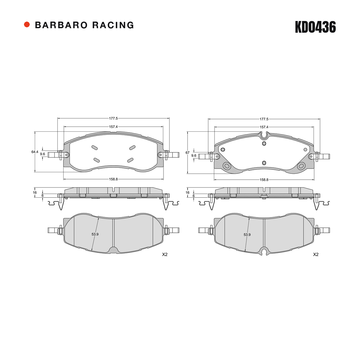 Barbaro Racing KD0436 brake pad shape drawing - 177.5 x 67 x 16 mm