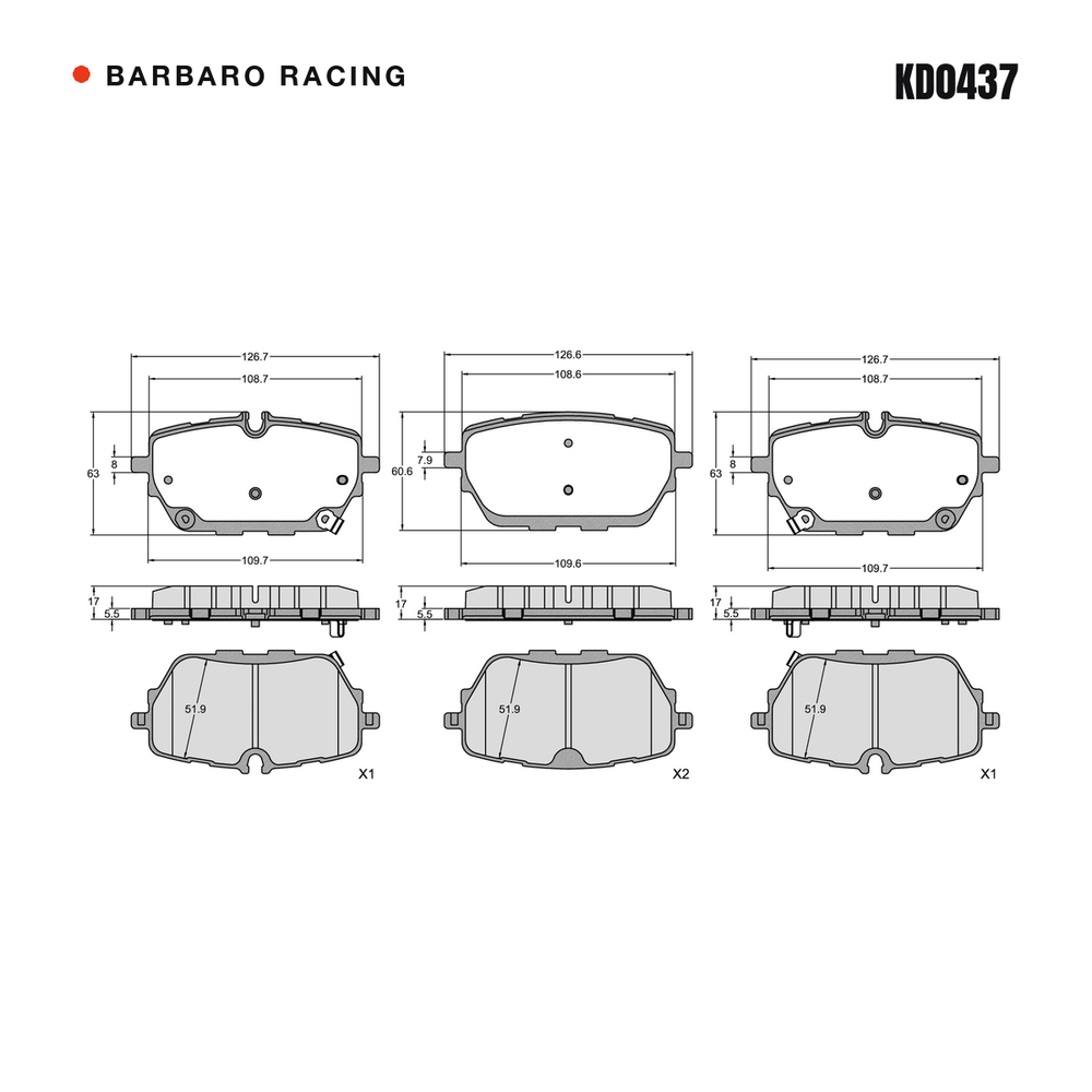 Barbaro Racing KD0437 brake pad shape drawing - 126.7 x 63 x 17 mm