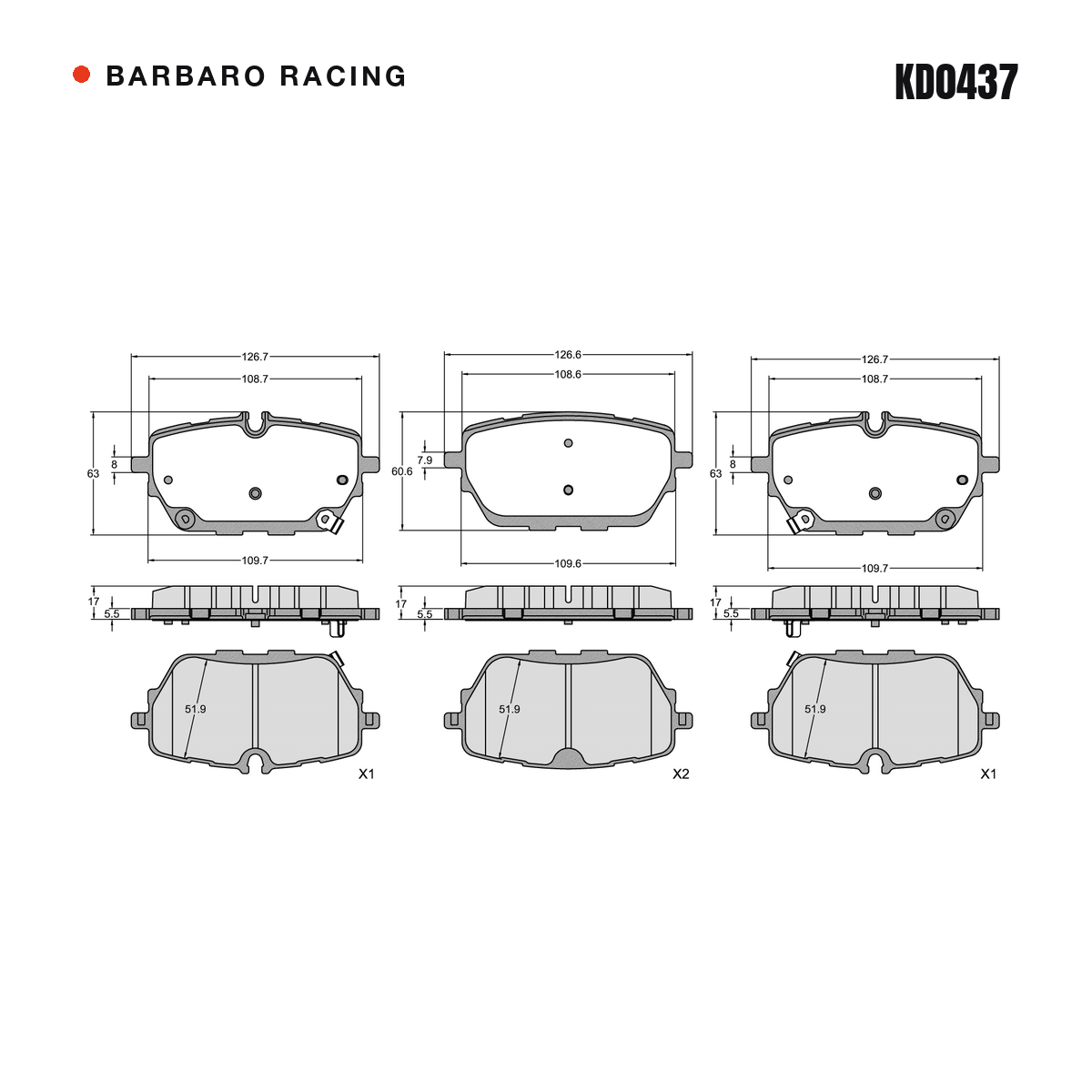 Barbaro Racing KD0437 brake pad shape drawing - 126.7 x 63 x 17 mm