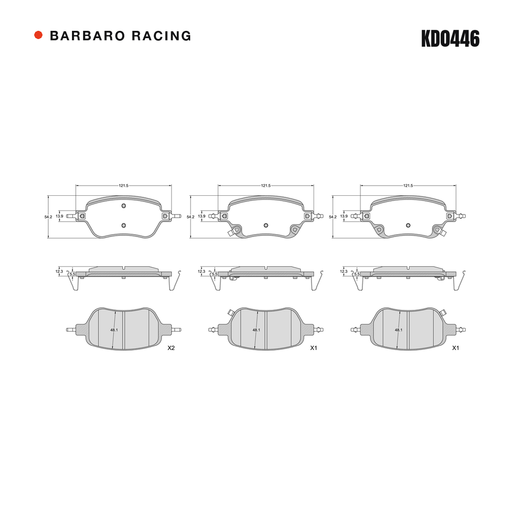 Barbaro Racing KD0446 brake pad shape drawing - 121.5 x 54.2 x 12.3 mm