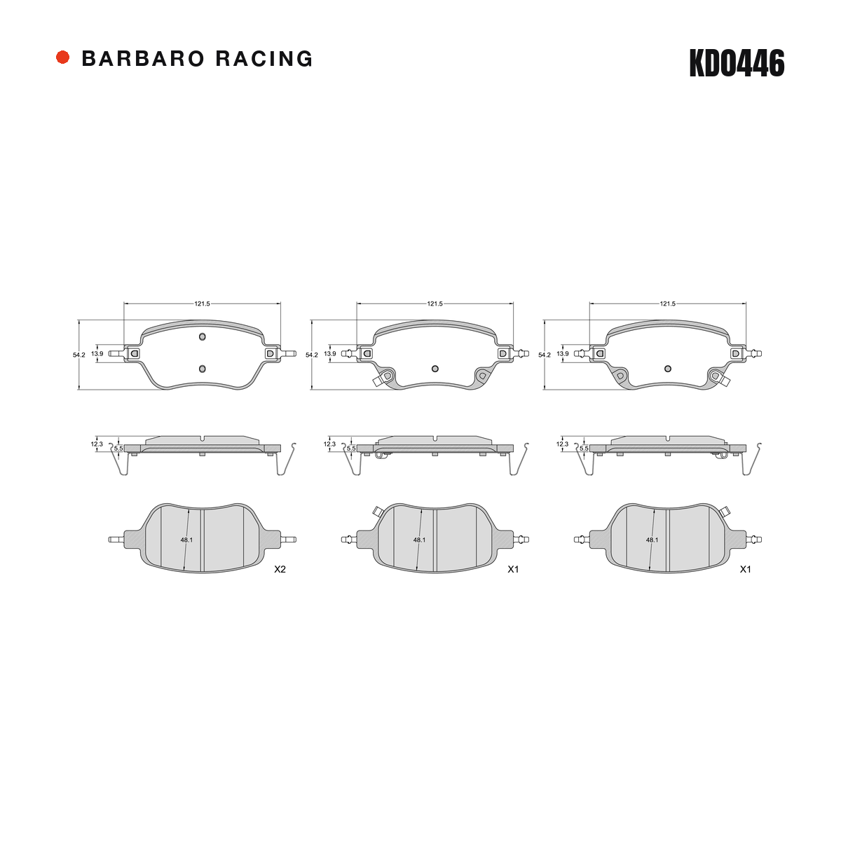 Barbaro Racing KD0446 brake pad shape drawing - 121.5 x 54.2 x 12.3 mm