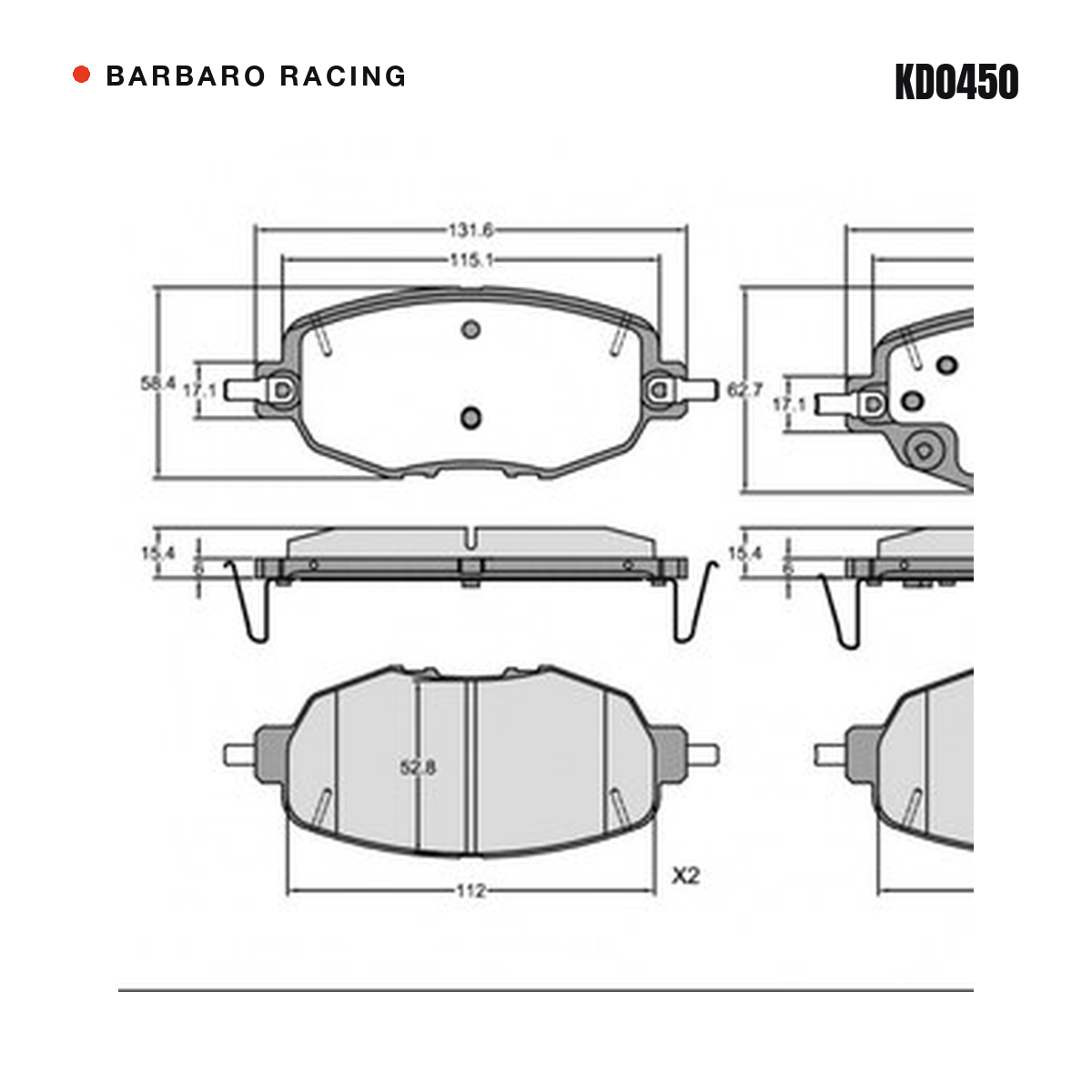 Barbaro Racing KD0450 brake pad shape drawing - 131.6 x 62.7 x 15.4 mm
