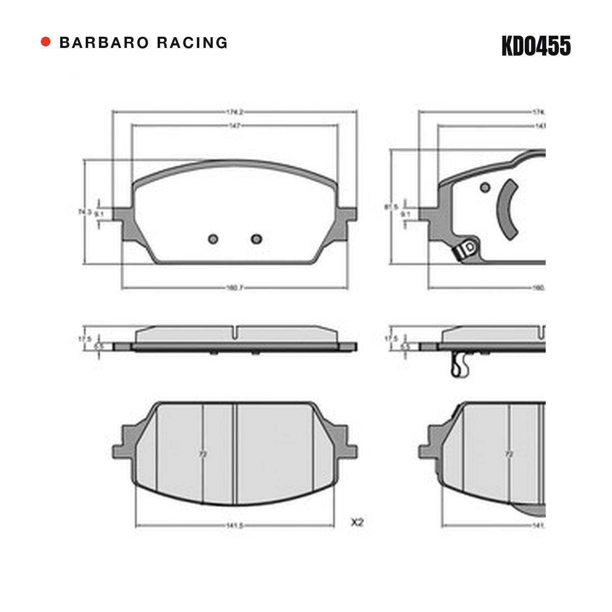Barbaro Racing KD0455 brake pad shape drawing - 174.2 x 81.5 x 17.5 mm