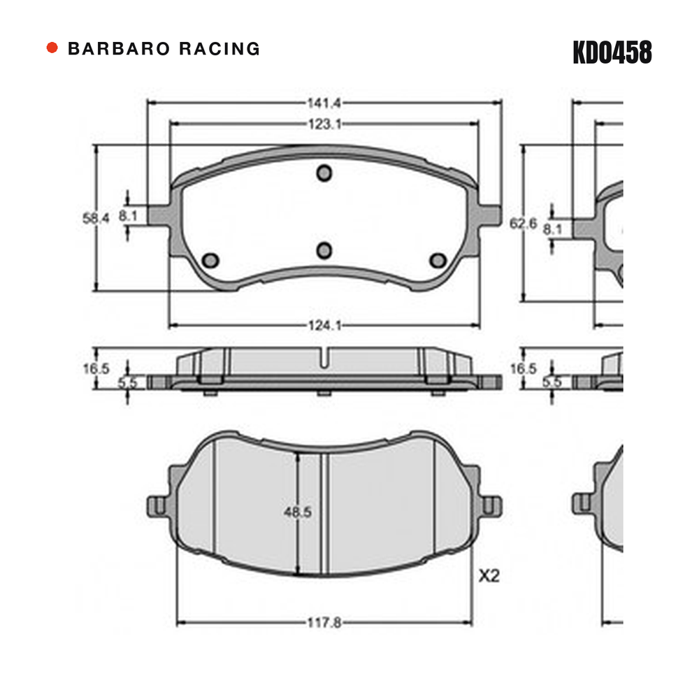 Barbaro Racing KD0458 brake pad shape drawing - 141.4 x 62.6 x 16.5 mm
