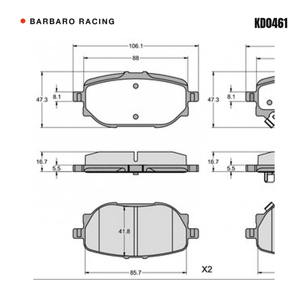 Barbaro Racing KD0461 brake pad shape drawing - 106.1 x 47.3 x 16.7 mm