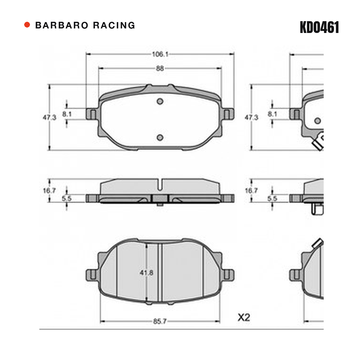 Barbaro Racing KD0461 brake pad shape drawing - 106.1 x 47.3 x 16.7 mm