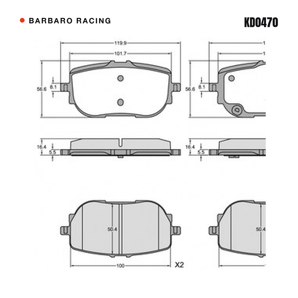 Barbaro Racing KD0470 brake pad shape drawing - 119.9 x 56.6 x 16.4 mm