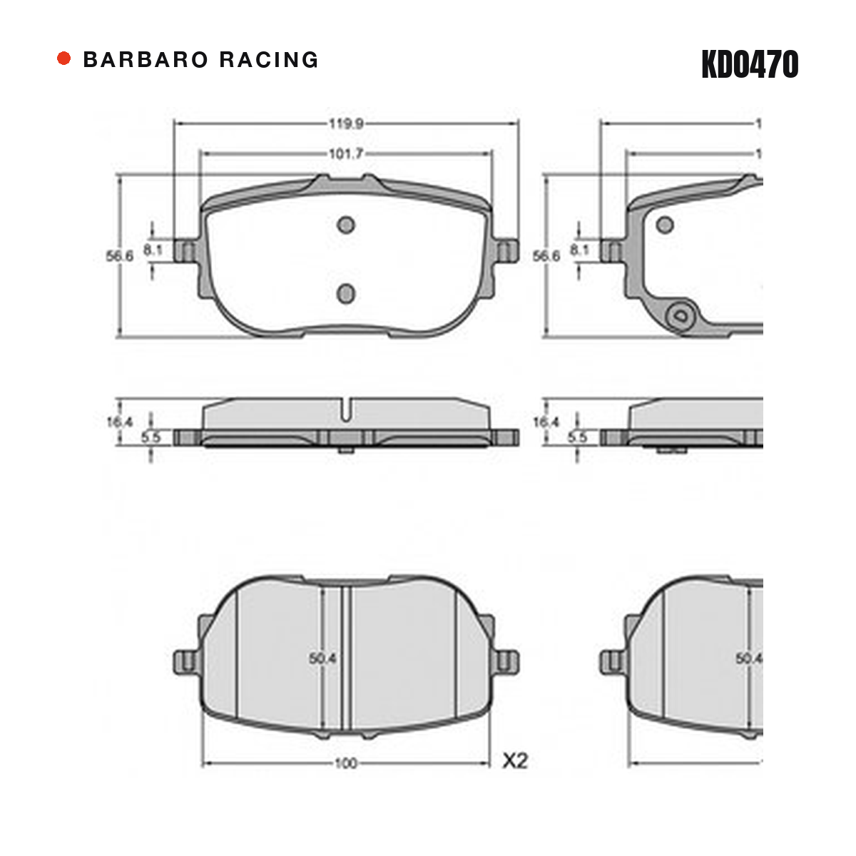 Barbaro Racing KD0470 brake pad shape drawing - 119.9 x 56.6 x 16.4 mm