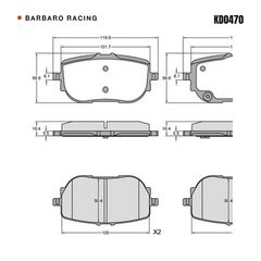 Barbaro Racing KD0470 brake pad shape drawing - 119.9 x 56.6 x 16.4 mm