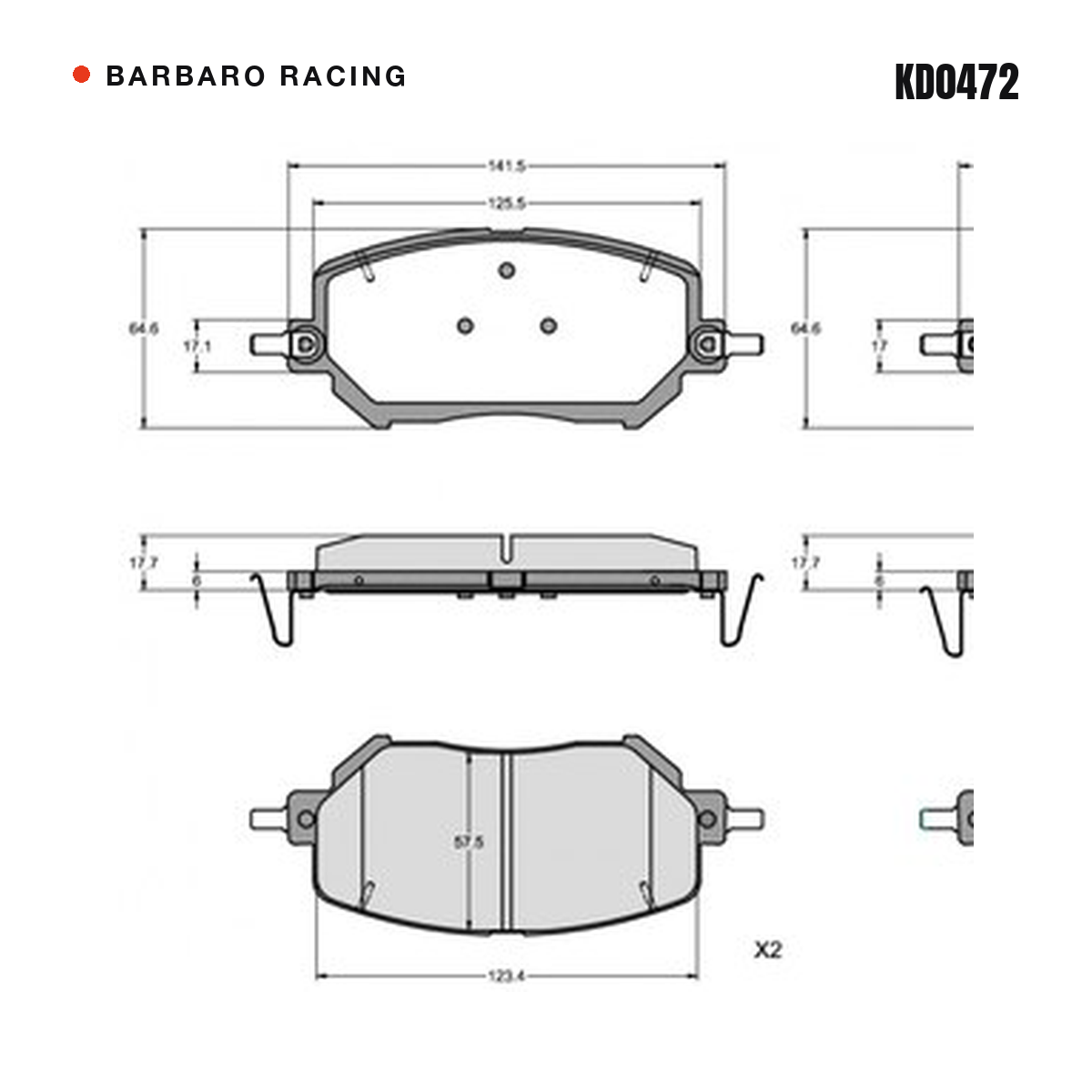 Barbaro Racing KD0472 brake pad shape drawing - 141.5 x 64.6 x 17.7 mm