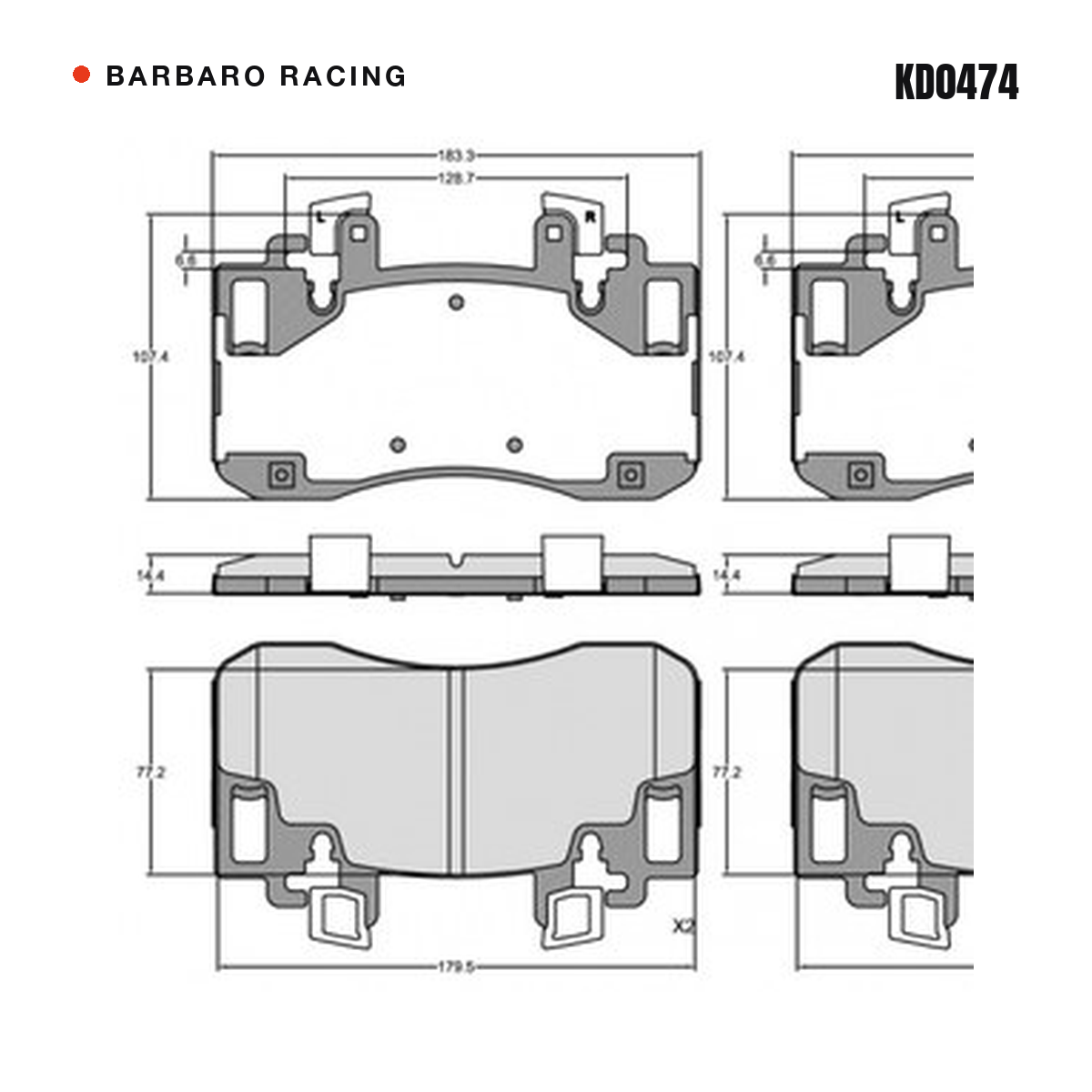 Barbaro Racing KD0474 brake pad shape drawing - 183.3 x 107.4 x 14.4 mm