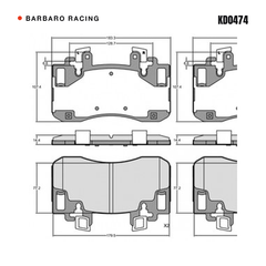 Barbaro Racing KD0474 brake pad shape drawing - 183.3 x 107.4 x 14.4 mm