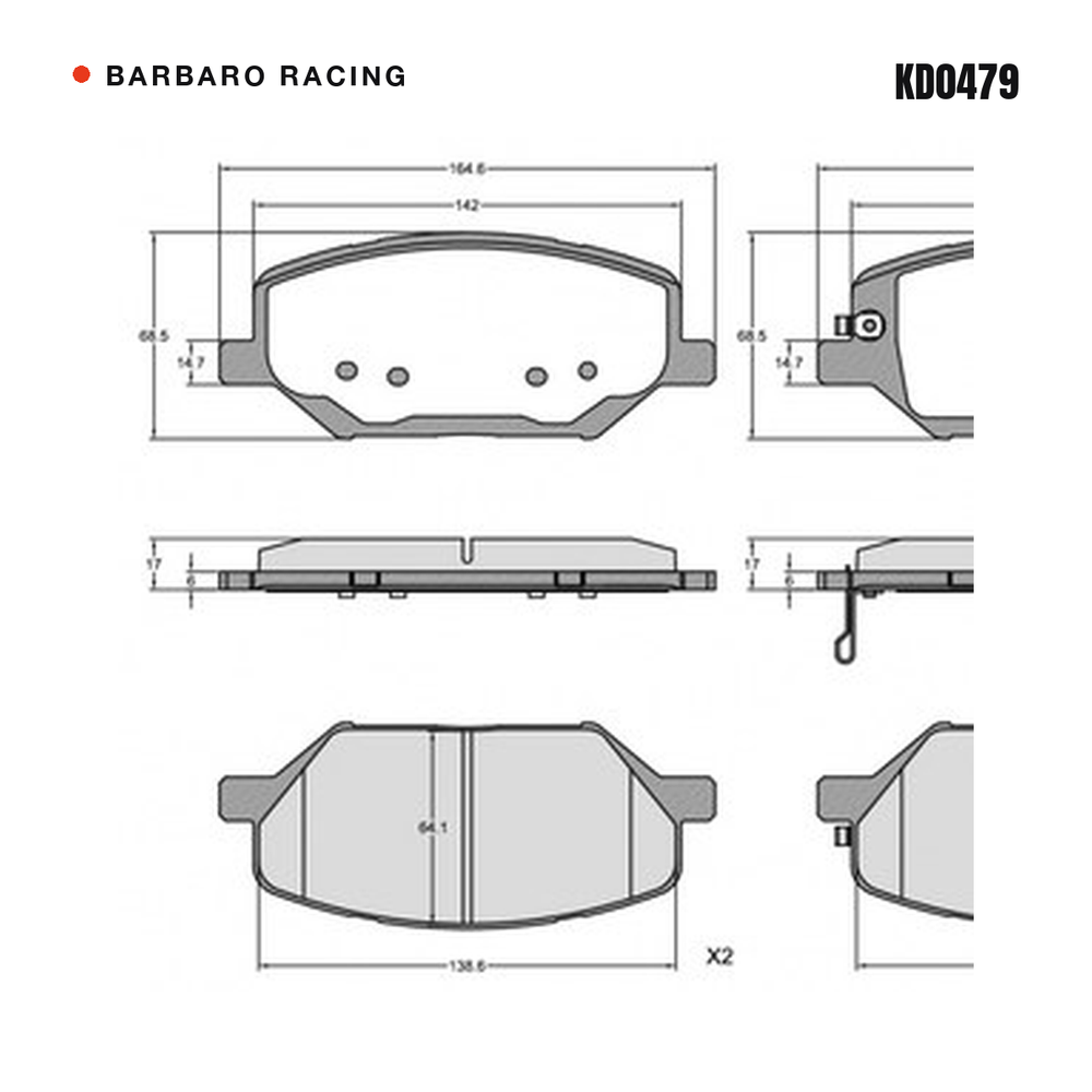 Barbaro Racing KD0479 brake pad shape drawing - 164.6 x 68.5 x 17 mm