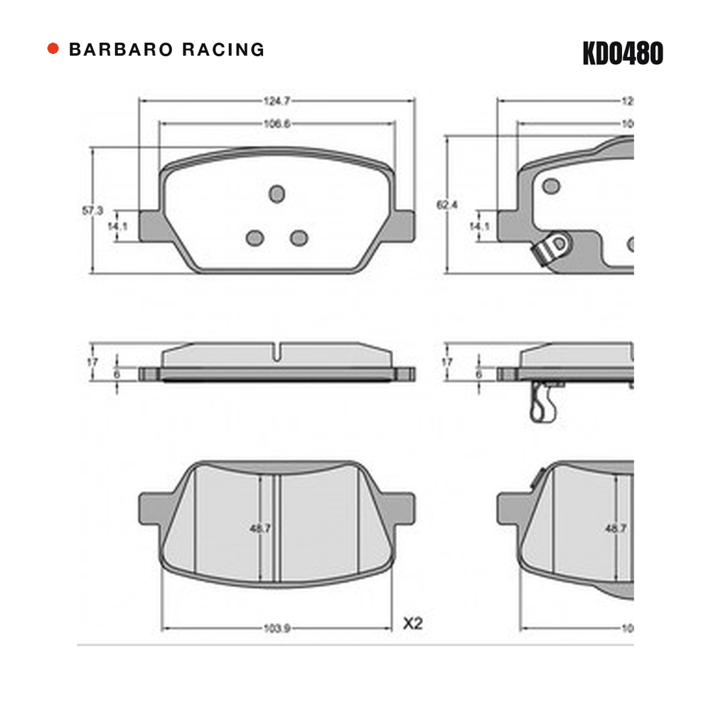 Barbaro Racing KD0480 brake pad shape drawing - 124.7 x 62.4 x 17 mm