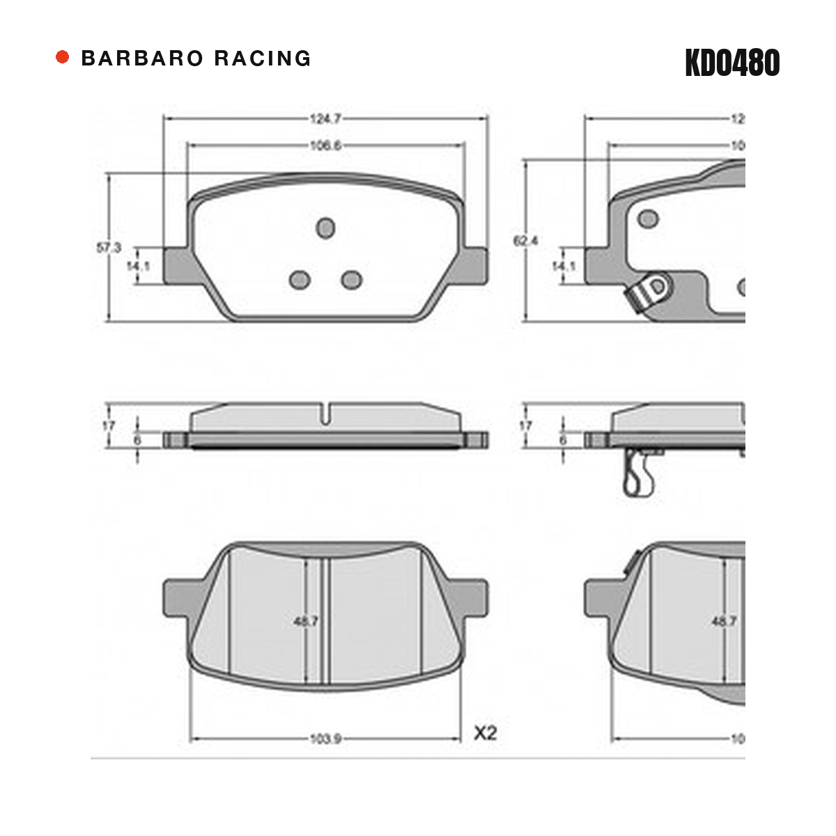 Barbaro Racing KD0480 brake pad shape drawing - 124.7 x 62.4 x 17 mm