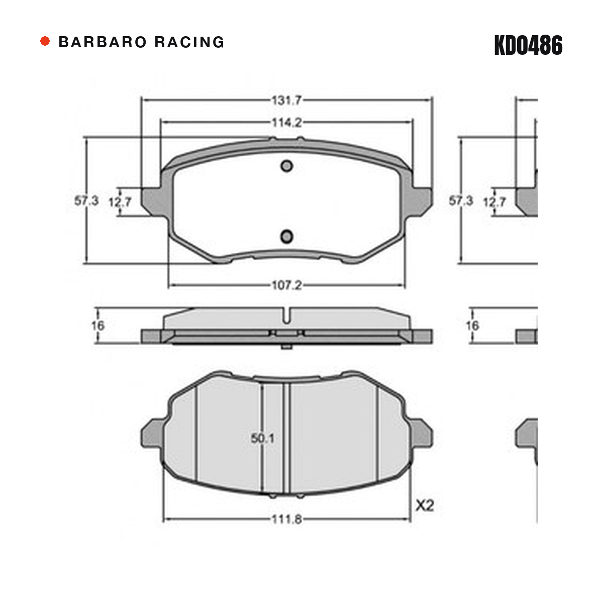 Barbaro Racing KD0486 brake pad shape drawing - 131.7 x 57.3 x 16 mm
