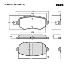 Barbaro Racing KD0486 brake pad shape drawing - 131.7 x 57.3 x 16 mm