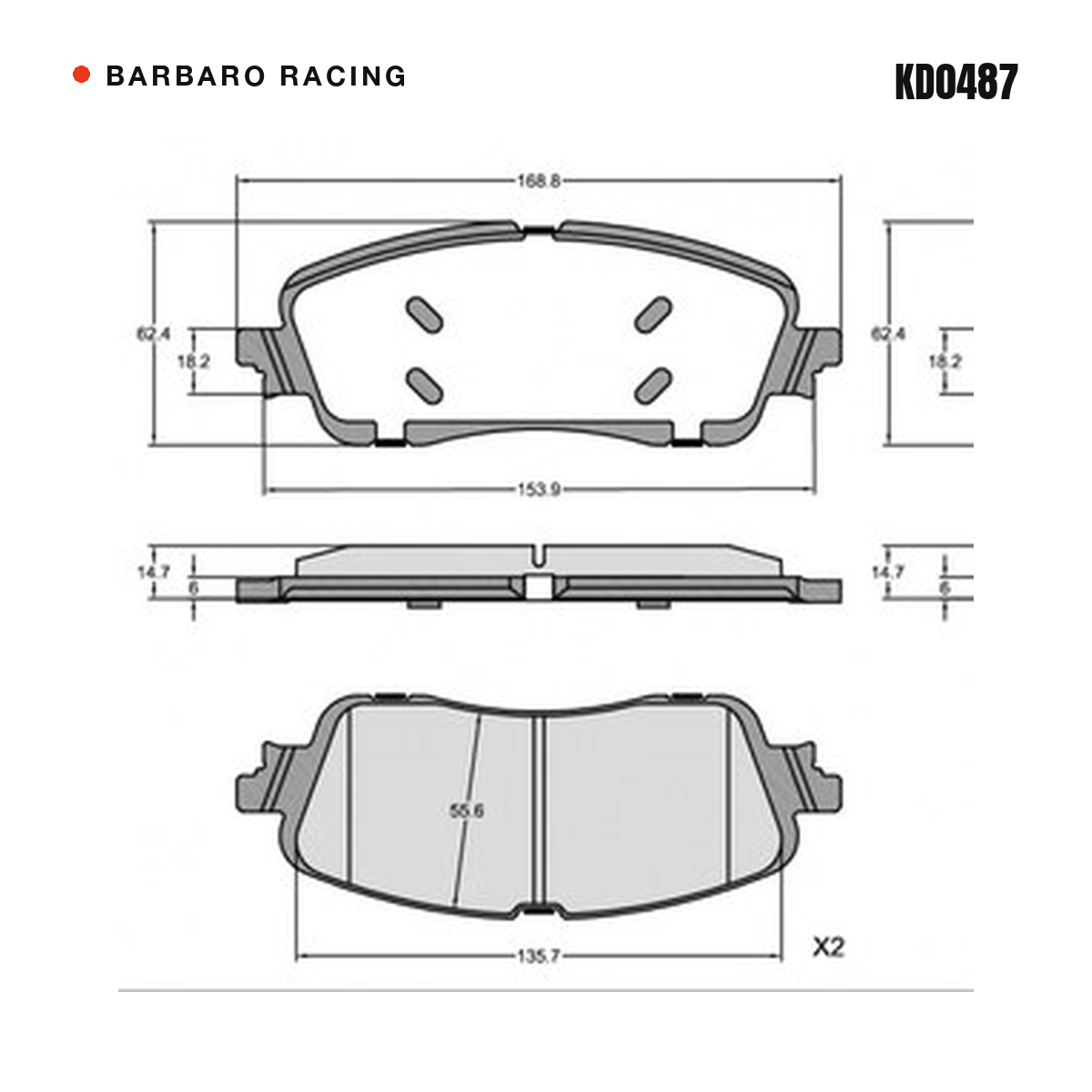 Barbaro Racing KD0487 brake pad shape drawing - 168.8 x 62.4 x 14.7 mm