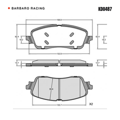 Barbaro Racing KD0487 brake pad shape drawing - 168.8 x 62.4 x 14.7 mm