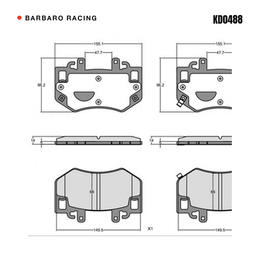 Barbaro Racing KD0488 brake pad shape drawing - 155.1 x 96.2 x 14 mm