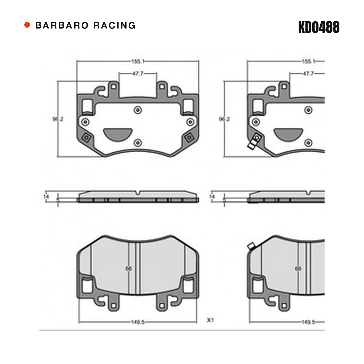 Barbaro Racing KD0488 brake pad shape drawing - 155.1 x 96.2 x 14 mm