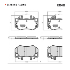 Barbaro Racing KD0488 brake pad shape drawing - 155.1 x 96.2 x 14 mm