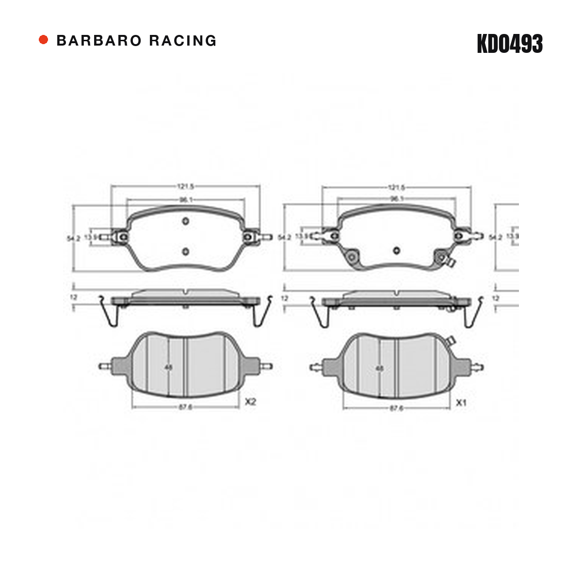 Barbaro Racing KD0493 brake pad shape drawing - 121.5 x 54.2 x 12 mm