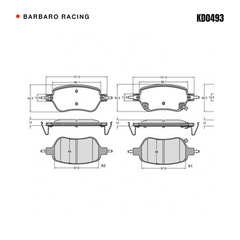 Barbaro Racing KD0493 brake pad shape drawing - 121.5 x 54.2 x 12 mm