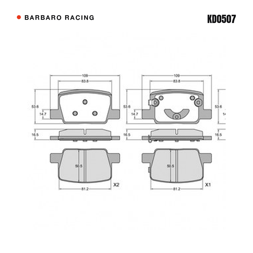 Barbaro Racing KD0507 brake pad shape drawing - 109 x 53.6 x 16.5 mm