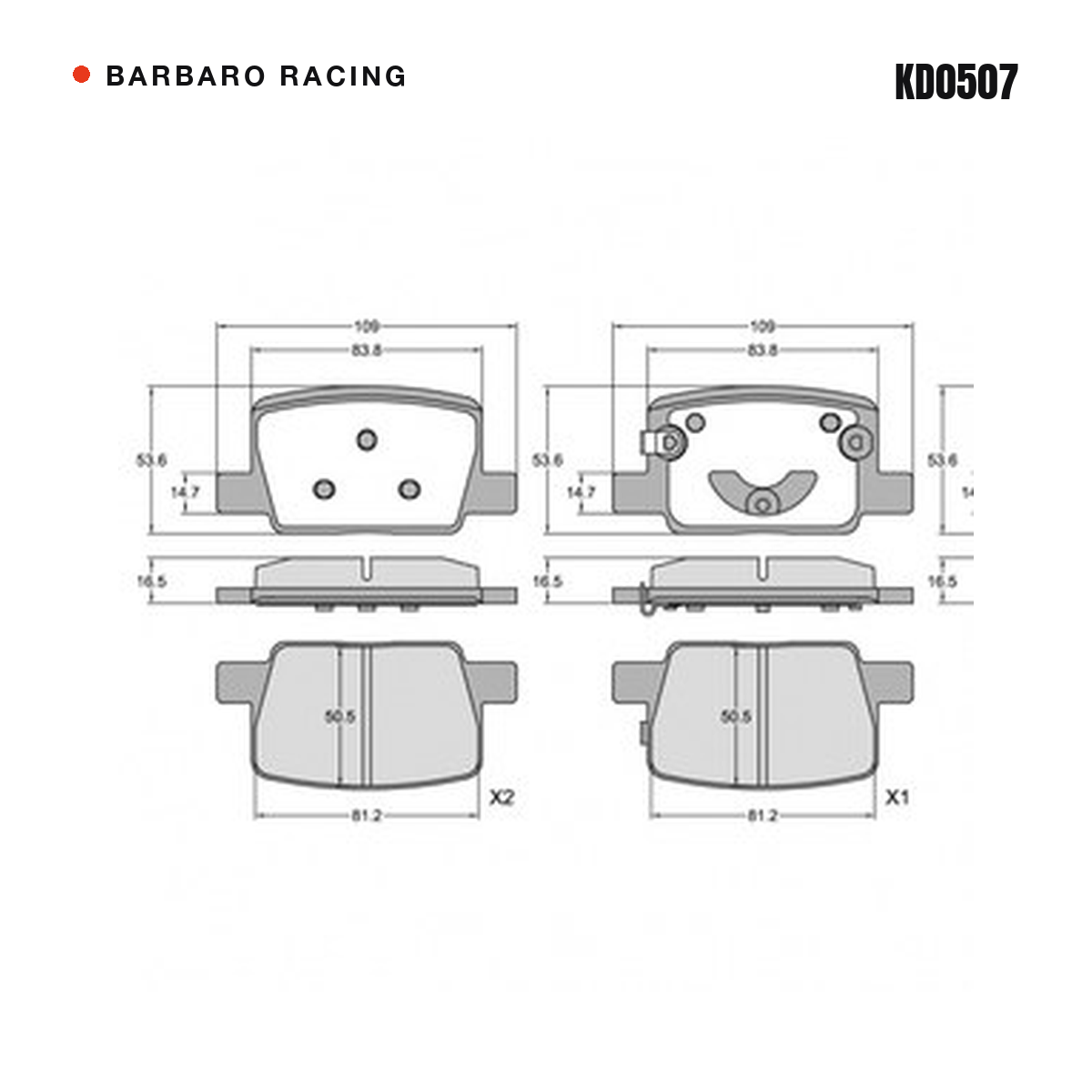 Barbaro Racing KD0507 brake pad shape drawing - 109 x 53.6 x 16.5 mm