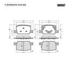 Barbaro Racing KD0507 brake pad shape drawing - 109 x 53.6 x 16.5 mm