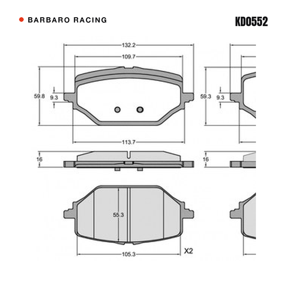 Barbaro Racing KD0552 brake pad shape drawing - 132.2 x 59.8 x 16 mm