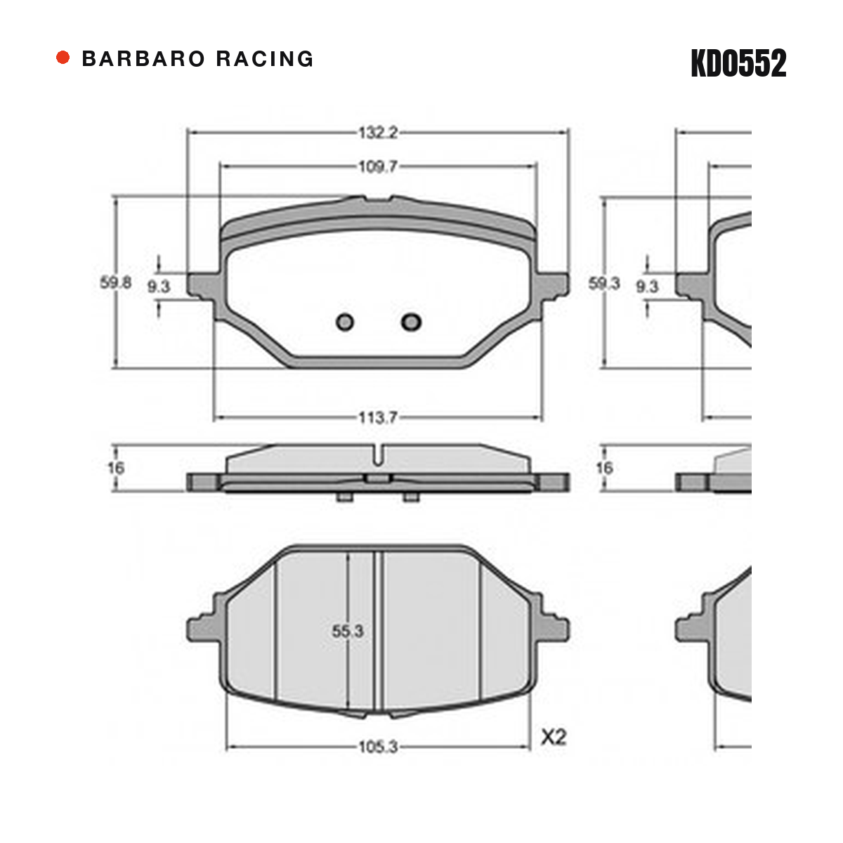 Barbaro Racing KD0552 brake pad shape drawing - 132.2 x 59.8 x 16 mm