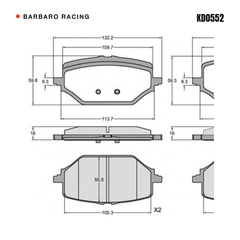 Barbaro Racing KD0552 brake pad shape drawing - 132.2 x 59.8 x 16 mm