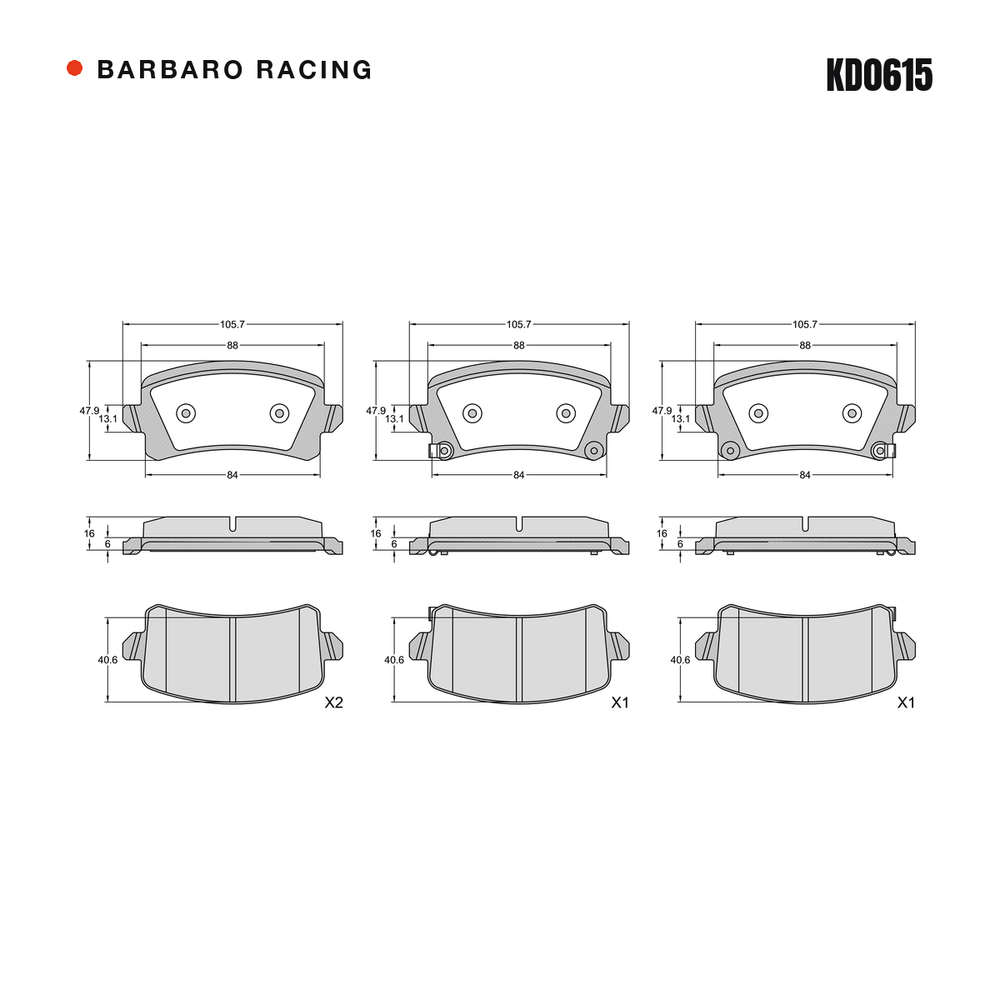 Barbaro Racing KD0615 brake pad shape drawing - 105.7 x 47.9 x 16 mm