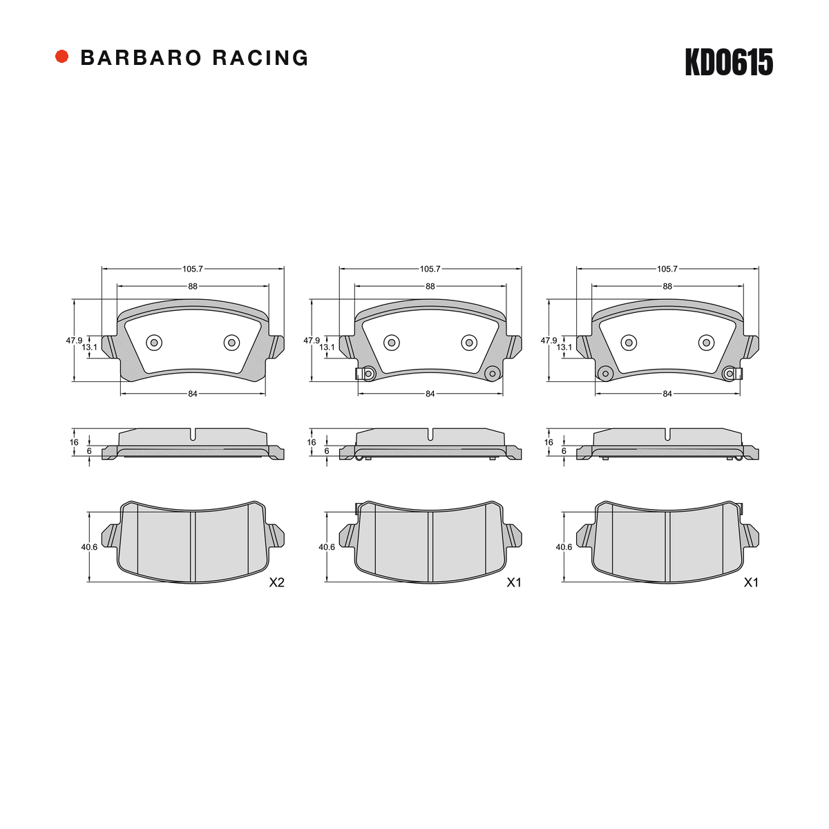 Barbaro Racing KD0615 brake pad shape drawing - 105.7 x 47.9 x 16 mm