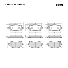 Barbaro Racing KD0615 brake pad shape drawing - 105.7 x 47.9 x 16 mm