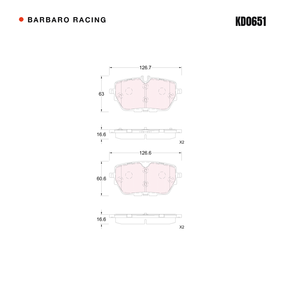 Barbaro Racing KD0651 brake pad shape drawing - 126.7 x 63 x 16.6 mm