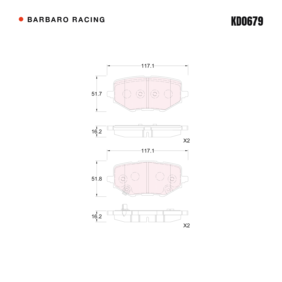 Barbaro Racing KD0679 brake pad shape drawing - 117.1 x 51.8 x 16.2 mm