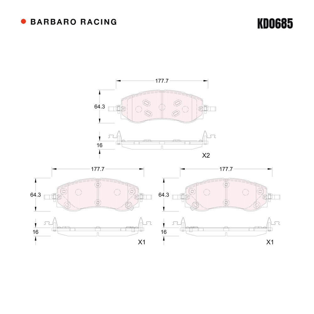 Barbaro Racing KD0685 brake pad shape drawing - 177.7 x 64.3 x 16 mm