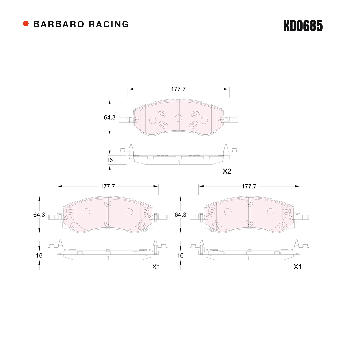 Barbaro Racing KD0685 brake pad shape drawing - 177.7 x 64.3 x 16 mm