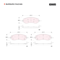 Barbaro Racing KD0685 brake pad shape drawing - 177.7 x 64.3 x 16 mm