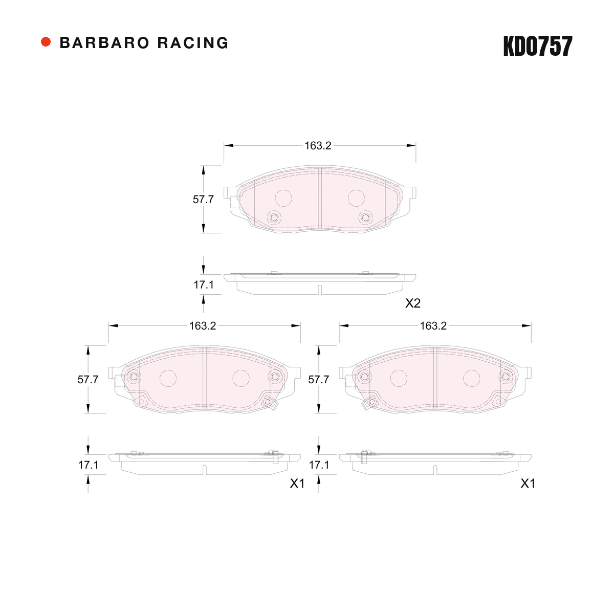 Barbaro Racing KD0757 brake pad shape drawing - 163.2 x 57.7 x 17.1 mm