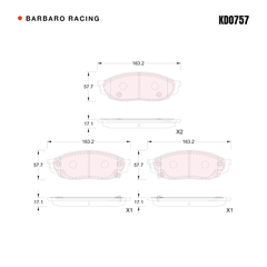 Barbaro Racing KD0757 brake pad shape drawing - 163.2 x 57.7 x 17.1 mm