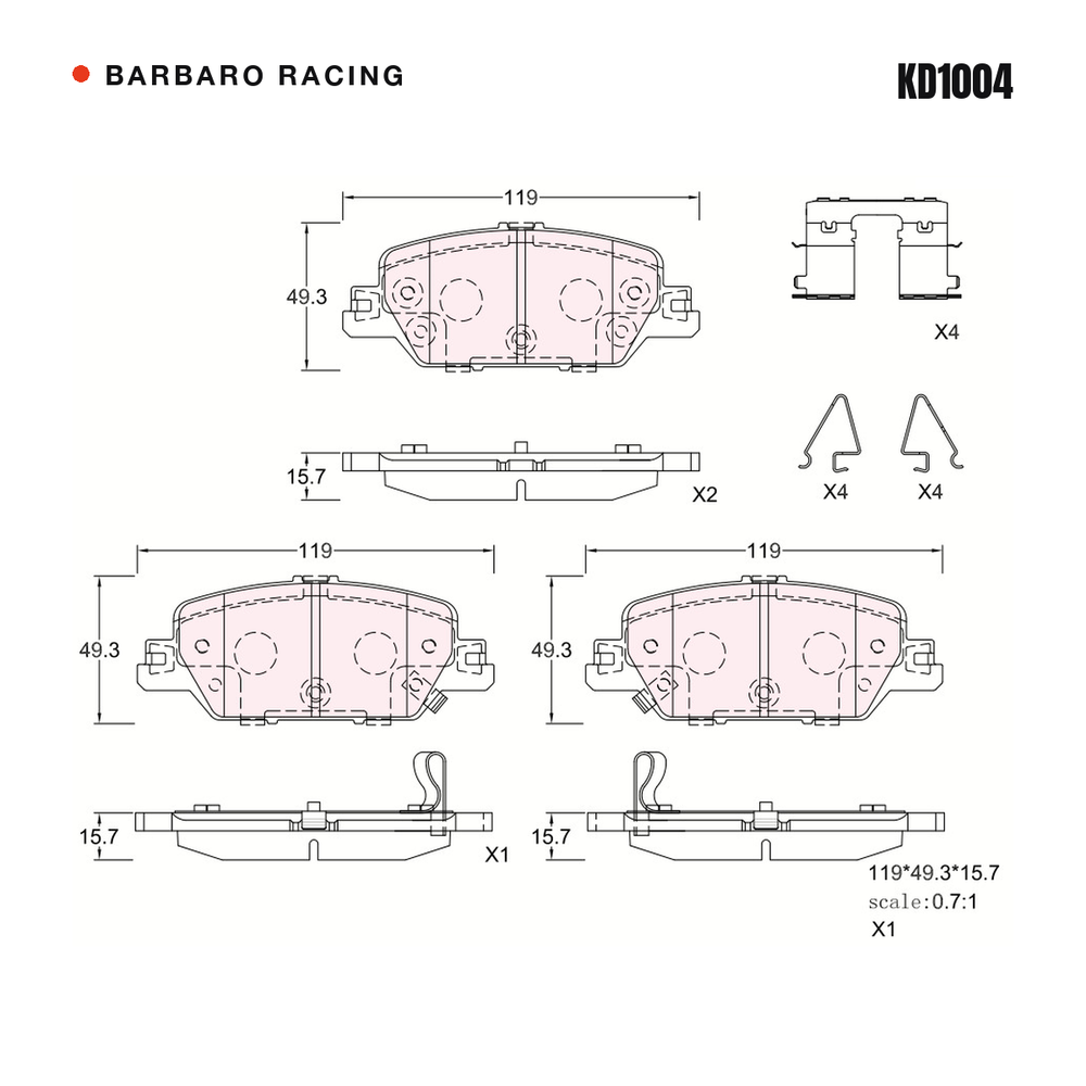 Barbaro Racing KD1004 brake pad shape drawing - 119 x 49.3 x 15.7 mm